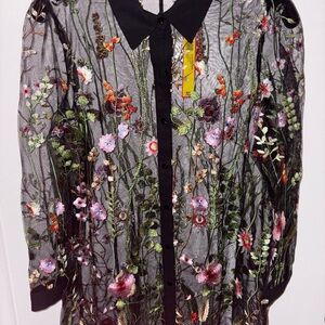Floral Embroidered Sheer Black Tunic